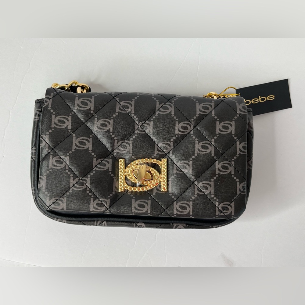 BEBE LIV MONOGRAM CROSSBODY BLACK DOVE GREY LOGO PURSE SHOULDERBAG NEW WITH TAG - Picture 2 of 11